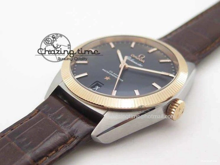 0214 Sporty Globemaster Master Chronometer SS RG V6F Best Edition Black Dial On Brown Leather Strap A 8270